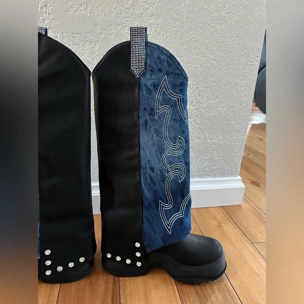 CAPE ROBBIN SUNGSU WESTERN DENIM/RHINESTONE PLATFORM BOOTS NIB